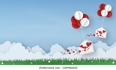 Origami made of Balloons with Opened envelope and many felt hearts, copy space for text, paper art design and craft style. Valentine's concept. Vector illustration.