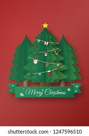 Origami made of Christmas trees, paper art design and craft style. Merry Christmas Concept.