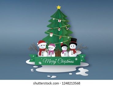 Origami made of Christmas trees with Snowman and Snow-woman, paper art design and craft style. Merry Christmas Concept.