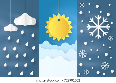 Origami made collection of  weather with sun, cloud , rain drop and snow flake. paper art design and craft style.