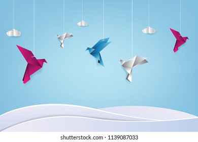 Origami made colorful bird with origami clouds. Paper art and craft style. Bird origami vector illustration.