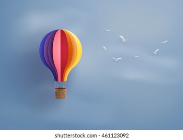 Origami made colorful hot air balloon .paper art style.