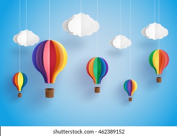 Origami made colorful hot air balloon and cloud.paper art and  digital craft style.