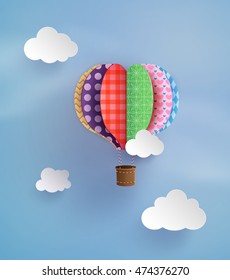 Origami made colorful hot air balloon and cloud.paper art style.