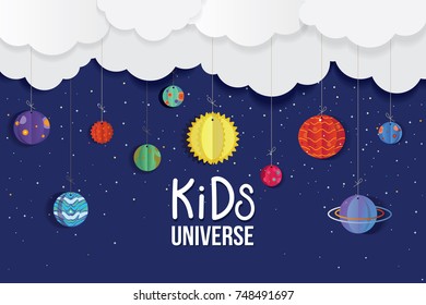 Origami made colorful Kids Universe and cloud.paper art style. Kids layer arts Vector illustration