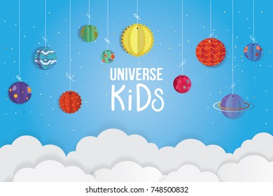 Origami made colorful Kids Universe and cloud.paper art style. Kids layer arts Vector illustration