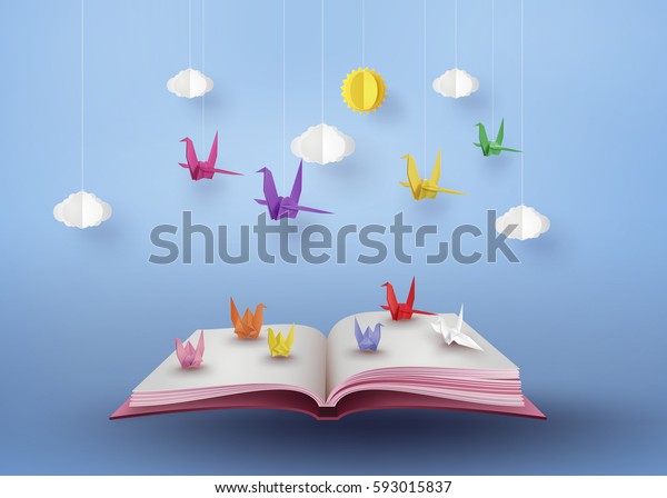 origami made\
colorful paper bird flying over open book and  blue sky with cloud\
. paper art and  digital craft style.\
