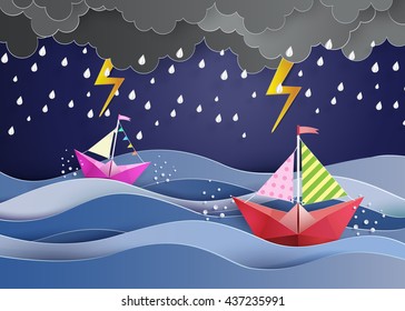 origami made colorful  sailing boat  and  raining,paper art style.