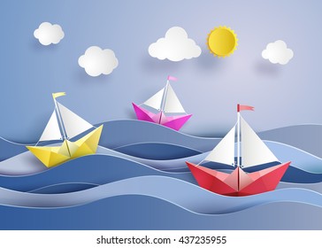 el origami hizo colorido barco de vela. estilo de arte de papel.