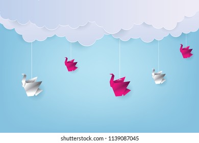 Origami made colorful swan with origami clouds. Paper art and craft style. Swan Origami Vector Illustration.