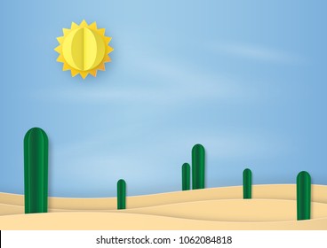 Origami made of Desert sand with many cactus and sun on blue background. paper art design and craft style.