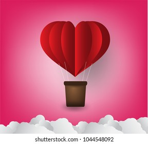 Origami made hot air balloon in a heart shape. paper art style. valentine day