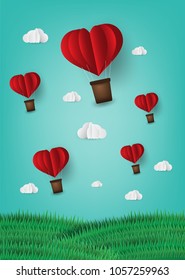 Origami made hot air balloon in a heart shape. paper art style.
