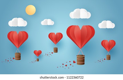 Origami made hot air balloon flying on the sky with heart float on the sky, illustration of love and valentine day, vector paper art and craft style illustration.