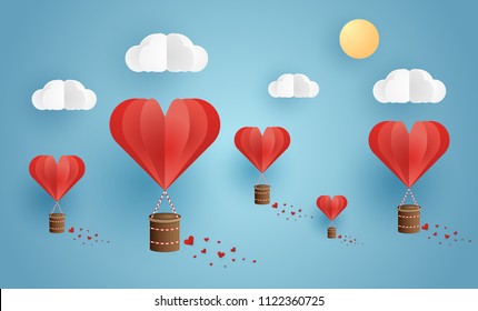 Origami made hot air balloon flying on the sky with heart float on the sky, illustration of love and valentine day, vector paper art and craft style illustration.