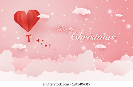 Origami made hot air balloon flying on the sky with heart float on the sky, illustration of love and valentine day, merry christmas, happy new year vector paper art and craft style illustration.