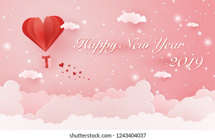 Origami made hot air balloon flying on the sky with heart float on the sky, illustration of love and valentine day, merry christmas, happy new year vector paper art and craft style illustration.
