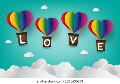 Origami made hot air balloon in a heart shape. paper art style. love