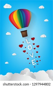 Origami made hot air balloon in a heart shape. paper art style. love