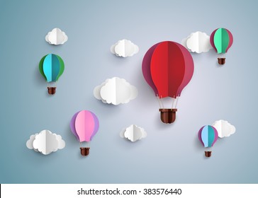 Origami made hot air balloon and cloud.paper art style.