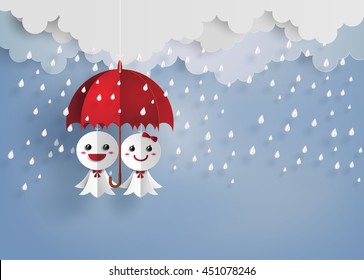 Origami made Japanese  doll against rain,teruterubozu ,paper art style.