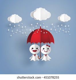 Origami made Japanese doll against rain,teruterubozu,paper art style.