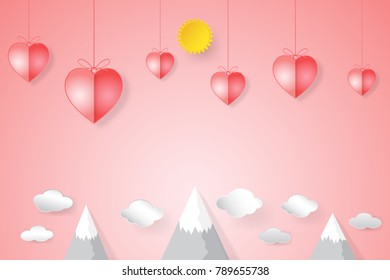 Origami made for love heart on pink sky background as paper art, craft style and valentine's day concept. vector illustrator.
