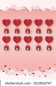 Origami made many red hot air balloon number 0,1,2,3,4,5,6,7,8,9 float in the air, cloud and mountain in landscape, paper art design and craft style. Valentine's concept.