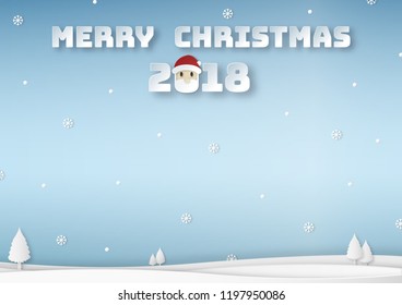 Origami made Merry Christmas 2018 of winter weather forecast with Santa Claus, snowflakes, snowballs and clouds on blue sky background. paper art design and craft style.