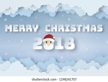 Origami made Merry Christmas 2018 of winter weather forecast with Santa Claus, snowflakes, snowballs and clouds on blue sky background. paper art design and craft style.