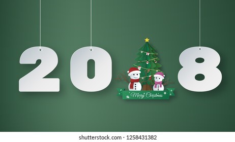 Origami made mobile paper of 2018 Merry Christmas Concept. Christmas trees with Snowman and Snow-woman, paper art design and craft style. Vector and illustration