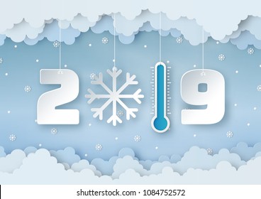 Origami made mobile paper of 2019 winter weather forecast with Blue thermometer, snowflakes, snowballs and clouds on blue sky background. paper art design and craft style
