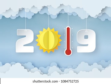 Origami made mobile paper of 2019 summer season with Red thermometer, sun and clouds on blue sky background. paper art design and craft style