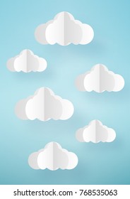 Origami made mobile paper with clouds on sky background, paper art design and craft style.