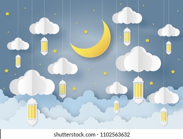 Origami made mobile paper of half moon ,stars ,clouds with decor lantern floating in sky background. Paper art design and craft style. Islam and Ramadan and Islamic Concept.