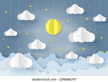 Origami made mobile paper of the moon and cloud on beautiful sky background. paper art design and craft style.