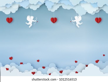 Origami made mobile paper of the red hearts and cupid's with clouds, copy space, paper art design and craft style. Valentine's concept.