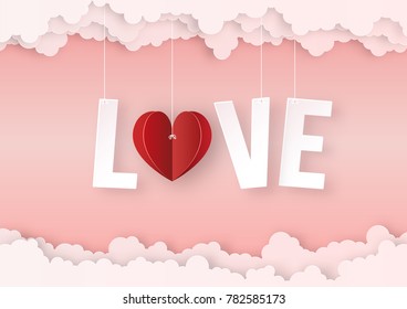 Origami made mobile paper of the red hearts with clouds, copy space, paper art design and craft style. Valentine's concept.