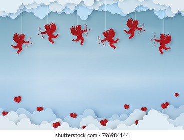 Origami made mobile paper of the red hearts and cupid's with clouds, copy space, paper art design and craft style. Valentine's concept.