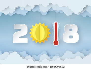 Origami made mobile paper of summer season with Red thermometer, sun and clouds on blue sky background. paper art design and craft style