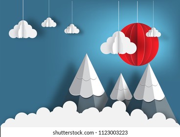 Origami made mobile paper sun, cloud and mountain  paper art design and craft style.