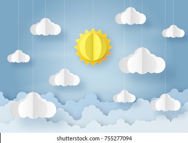 Origami Made Mobile Paper Sun And Cloud On Blue Sky Background. Paper Art Design And Craft Style.