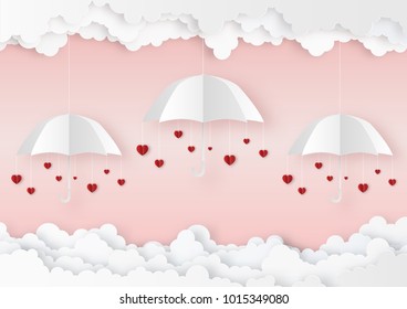 Origami made mobile paper of the umbrella and many felt hearts in the air with cloud, paper art design and craft style. Valentine's concept. Vector illustration.