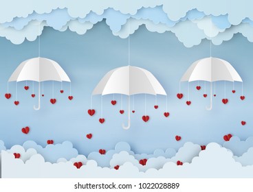 Origami made mobile paper of the umbrella and many felt hearts in the air with cloud, paper art design and craft style. Valentine's concept. Vector illustration.