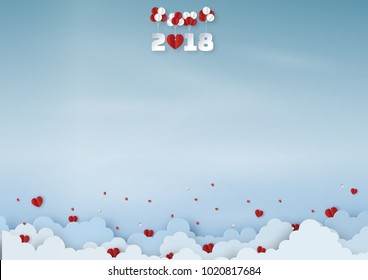 Origami made mobile paper of white and red balloons with text " 2018 " float in the sky, paper art design and craft style. Valentine's concept.