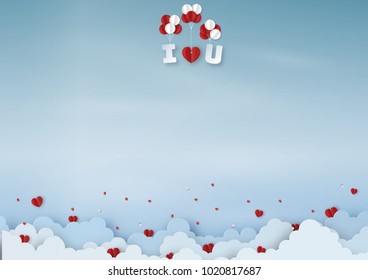 Origami made mobile paper of white and red balloons with text "I LOVE YOU " float in the sky, paper art design and craft style. Valentine's concept.