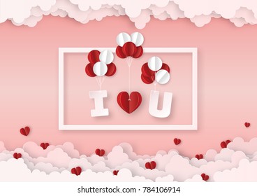 Origami made mobile paper of white and red balloons with text " I LOVE YOU " float in the sky, paper art design and craft style. Valentine's concept.