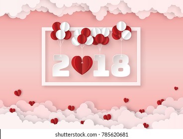 Origami made mobile paper of white and red balloons with text " 2018 " float in the sky, paper art design and craft style. Valentine's concept.