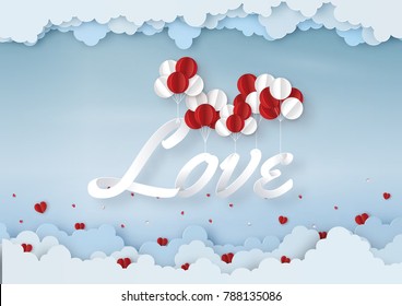 Origami made mobile paper of white and red balloons with text " LOVE " float in the sky, paper art design and craft style. Valentine's concept.