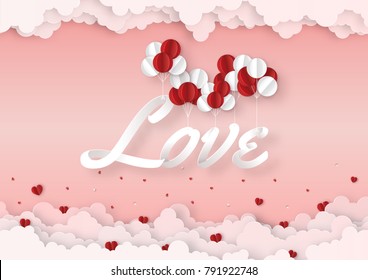 Origami made mobile paper of white and red balloons with text " LOVE " float in the sky, paper art design and craft style. Valentine's concept.